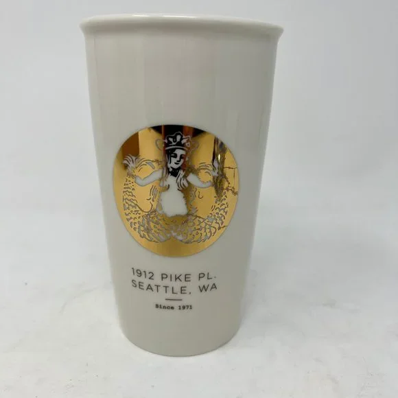 (SOLD)Starbucks Coffee White Porcelain and Gold Graphic Mug w/ Lid and Box - Picture 2 of 12